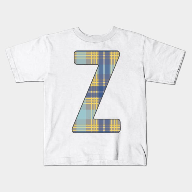 Monogram Letter Z, Blue, Yellow and Grey Scottish Tartan Style Typography Design Kids T-Shirt by MacPean